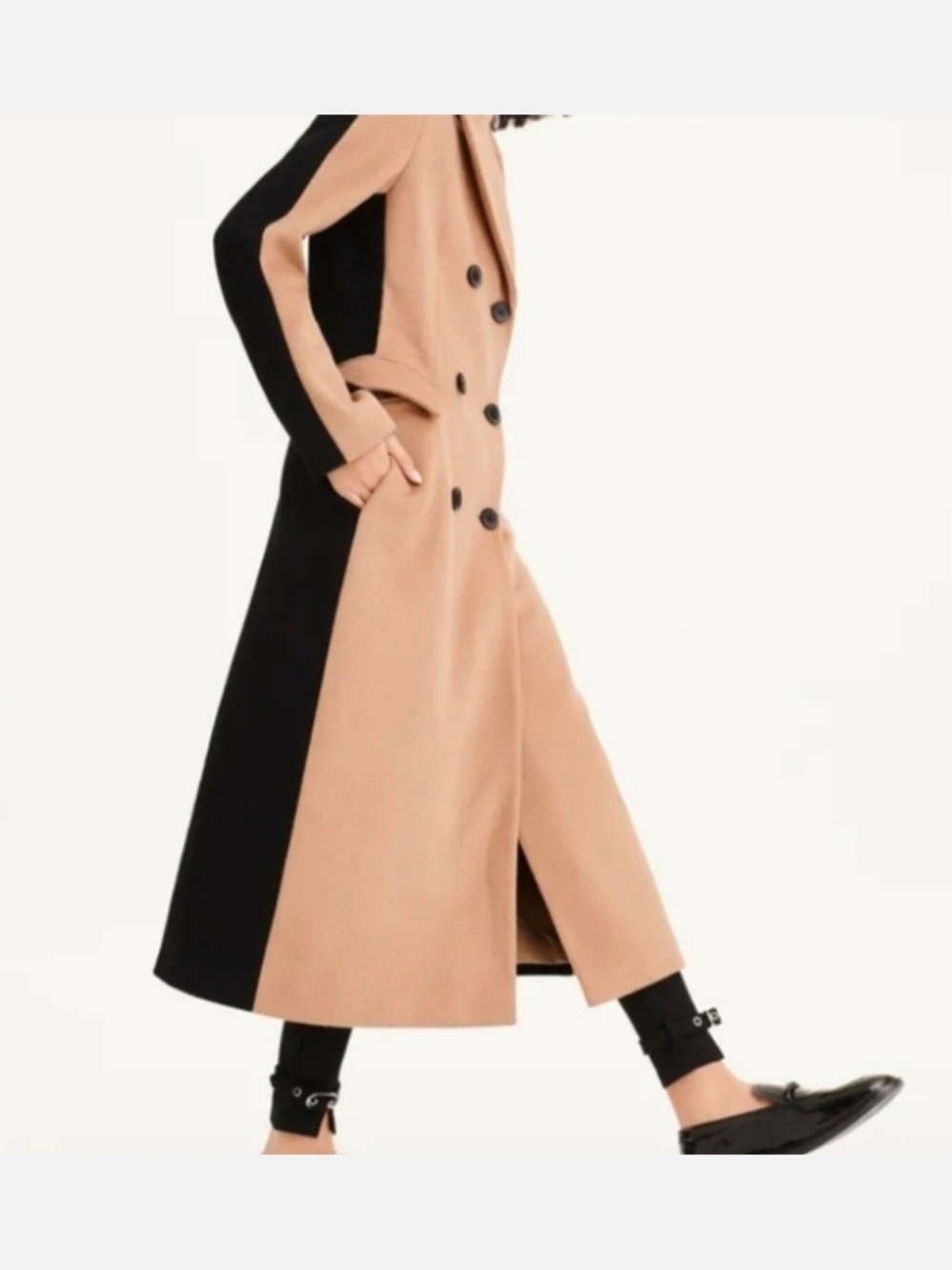 DKNY Camel and Black Colorblock Maxi Dress Coat